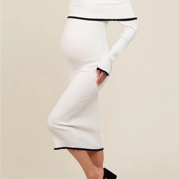 Ivory Knit Off Shoulder Contrast Ruffle Trim Maternity Dress - Picture 3 of 3